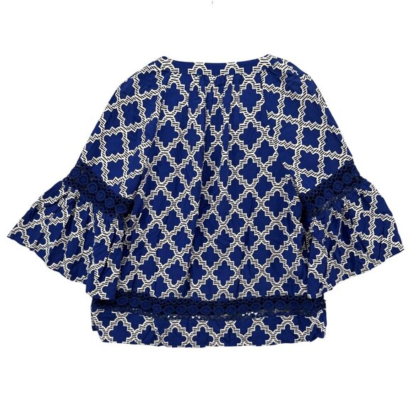 Crown Ivy Moroccan Market Blouse Womens Blue White Crochet Cutout Size PL - Picture 2 of 9